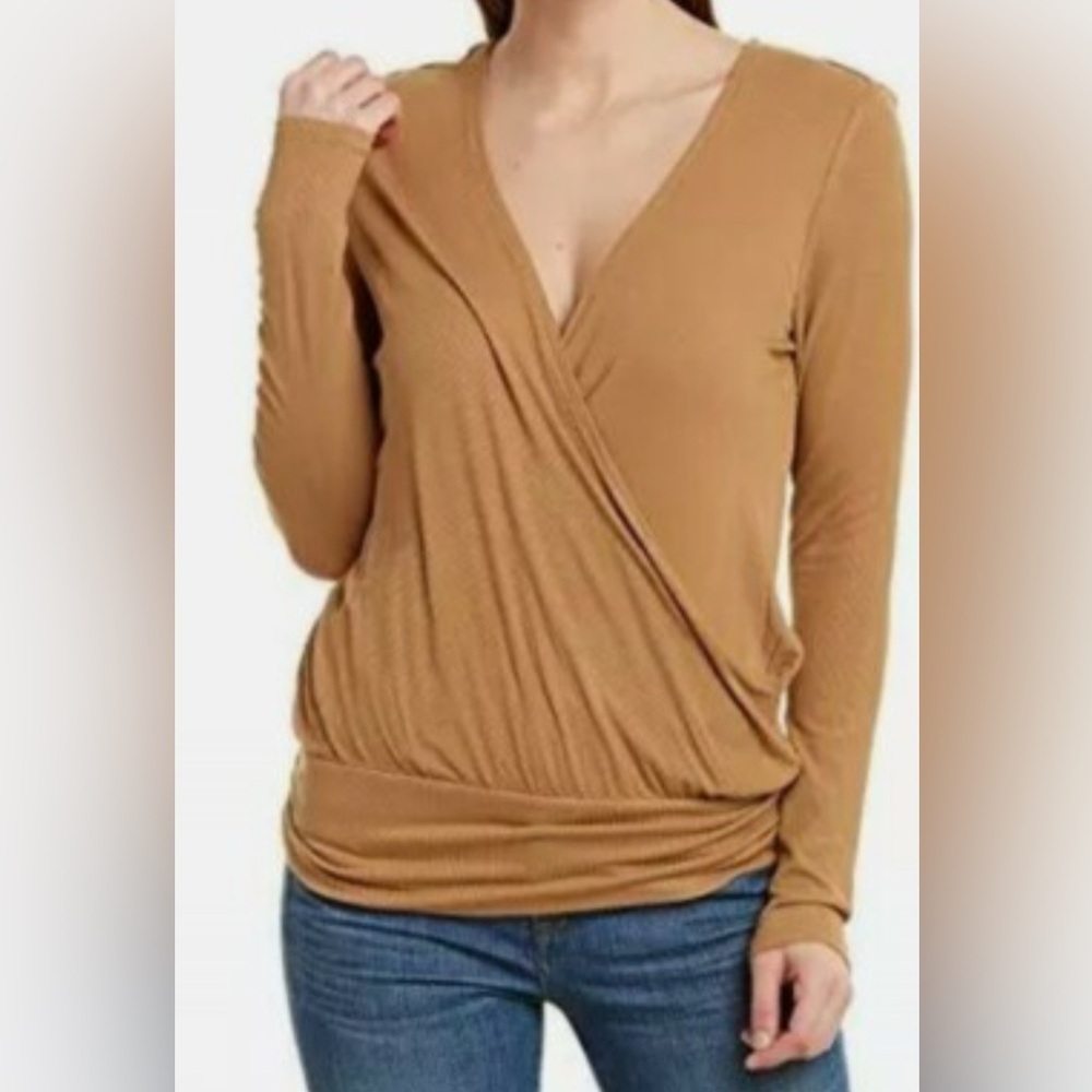 Elegant Tan Wrap ribbed Top - Picture 3 of 12
